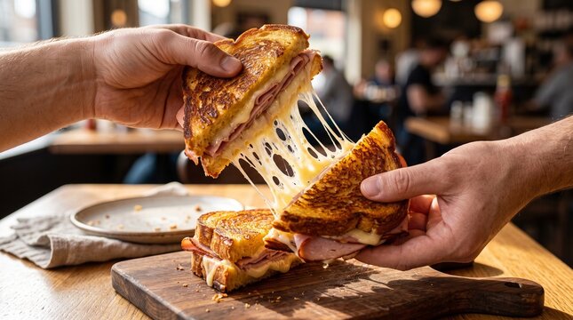 Commercial food stock photo of a hand pulling apart a toasted ham and melted cheese sandwich showcasing an extreme mozzarella cheese pull.