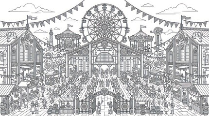 Obraz premium Intricate carnival coloring page featuring ferris wheel and stalls