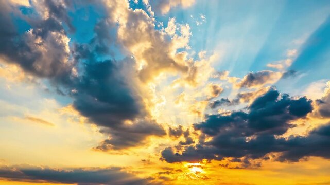 Dramatic sunrise sky with golden sunbeams and crepuscular rays breaking through clouds