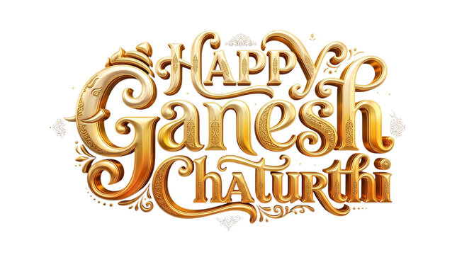 3d golden happy ganesh chaturthi text isolated on transparent background