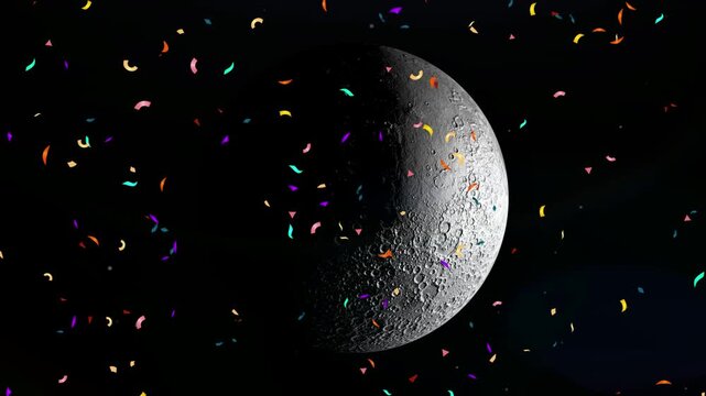 Moon model in crescent phase floats in deep space surrounded by colorful festive confetti particles.