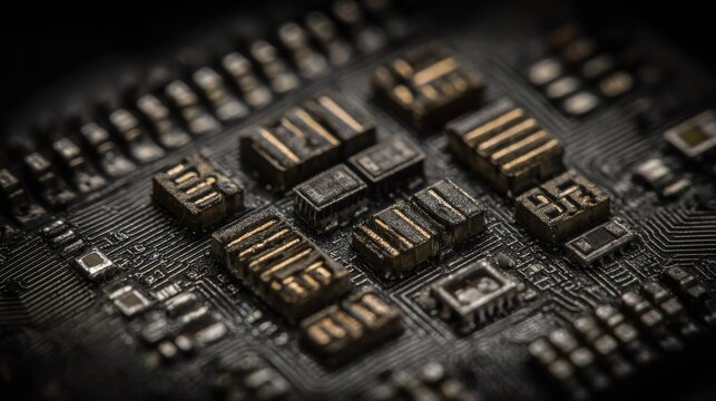 Close-up view of intricate etched silicon wafer with detailed electronic circuit patterns and components