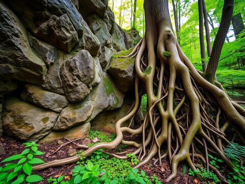 Weathered rock formations and tree roots intertwine amidst the lush greenery of a forest floor near Basteibr&uuml;cke in Rathen, Saxon Switzerland, Germany, Germany, lush greenery