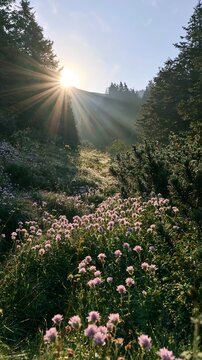 Bucegi Mountains meadow light rays create beautiful scene