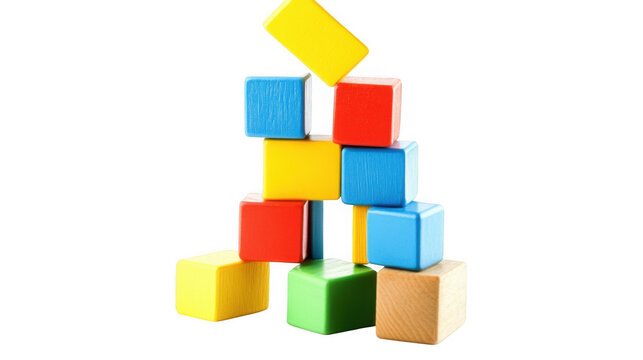 Wooden building blocks stacked in an unstable colorful tower structure isolated against a solid transparent background.