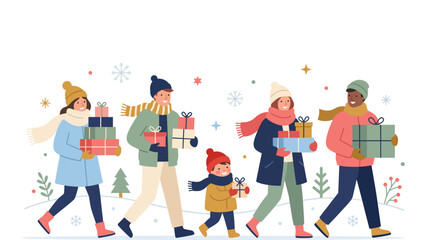 Fototapeta premium Diverse family and friends walking with wrapped holiday gifts on a snowy street.