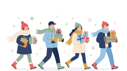 Naklejka premium Group of friends walking outdoors carrying wrapped holiday gifts.