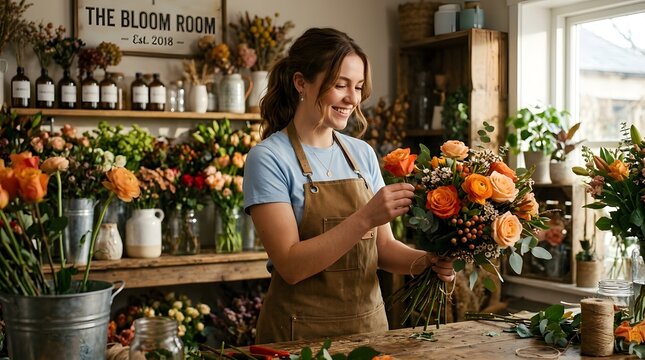 Smiling florist arranging a beautiful orange rose bouquet in a charming flower shop
