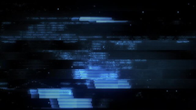 Abstract digital glitch background with blue signal interference and pixelated noise distortion.