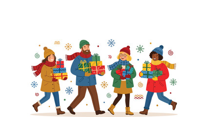 Fototapeta premium Four friends walking together carrying wrapped gifts on a winter day.