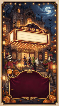 Halloween teather cinema gala in illustration vintage style invitation