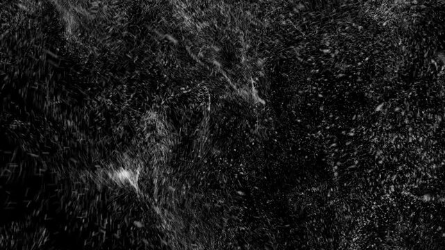 Abstract white particles swirling in black space creating dynamic fluid motion patterns and cinematic energy flow.