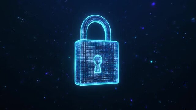 Glowing digital security padlock icon floating in cyber space representing data protection and technology
