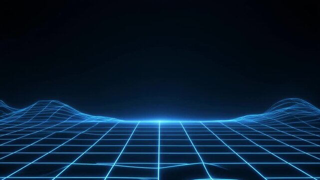 Futuristic cyber landscape with a glowing blue grid wireframe and abstract digital terrain representing virtual reality and data networks