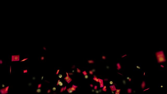 Red envelopes and Chinese golden coins symbolize fortune as they scatter upwards against a black background.
