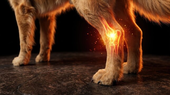 Veterinary healthcare concept displaying canine leg joint inflammation, arthritis symptoms, and bone disease structure.