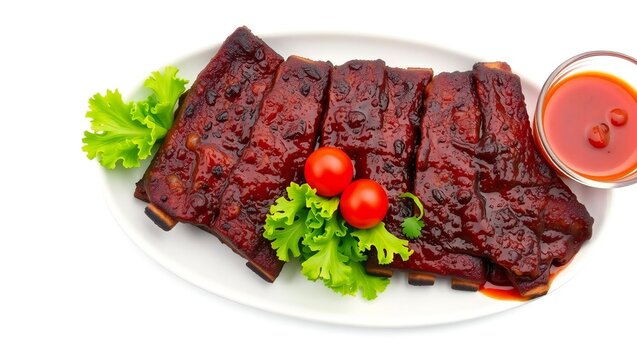 Grilled pork ribs with barbecue sauce and fresh green herbs on a plate