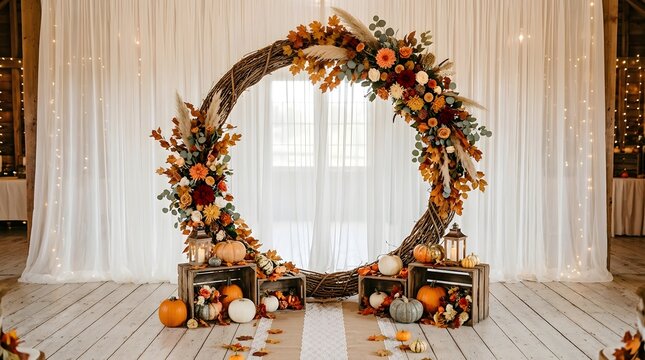 Stunning autumn wedding arch backdrop with rustic wooden crates, pumpkins, and vibrant fall foliage in a barn setting