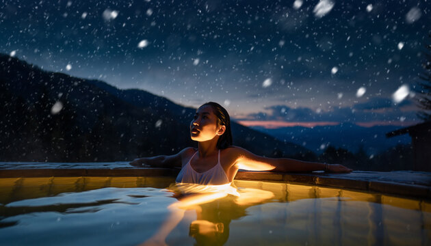 Woman relaxing in an outdoor pool during a gentle snowfall at night in the mountains