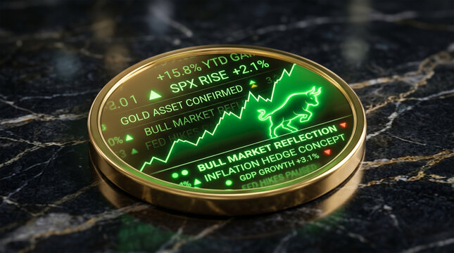 Flawless gold coin reflecting rising bull stock market chart.