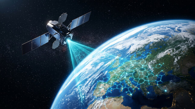 Futuristic telecommunication satellite beaming digital signal to Earth.