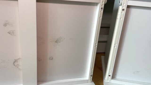On the bottom of the white furniture drawers, numerous mold stains are visible, which appeared on the surface of the furniture in conditions of high humidity.
