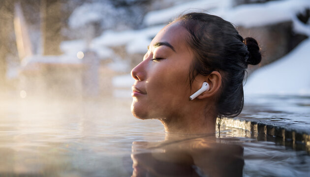 Woman relaxing in outdoor pool listening to music with wireless earbuds in winter