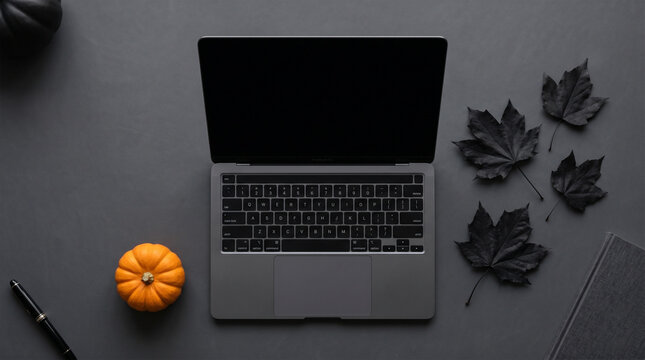 Top view of blank laptop with black leaves and mini pumpkin on dark desk.