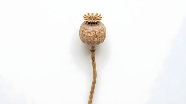 Single dried poppy seed pod isolated on white background
