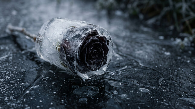 Macro photography of dark black rose encased in clear winter ice.