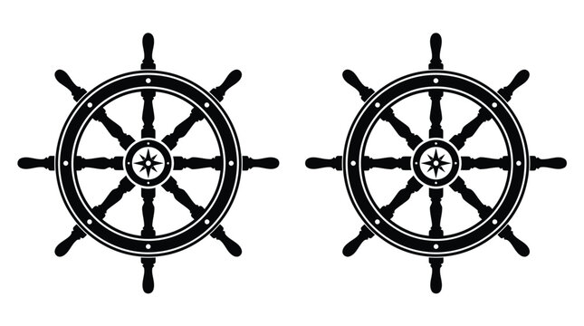 Nautical ship wheel vector illustration featuring detailed black silhouettes for maritime navigation and oceanic travel design