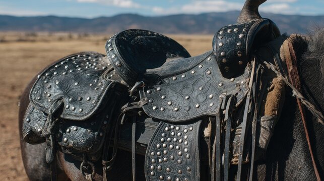 Detailed vintage leather western saddle with ornate metal studs in an outdoor field setting
