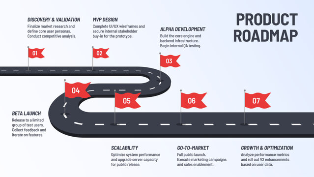 7 Step Winding Road Timeline Map Diagram Infographic Vector Template in Minimal Flat Design for Business Product Roadmap and Milestone Presentation