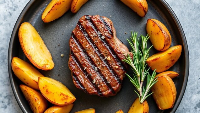 Grilled beef steak with roasted potato wedges and fresh rosemary on a dark round plate