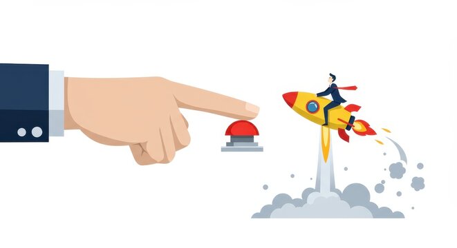 Hand pressing button launching businessman on rocket