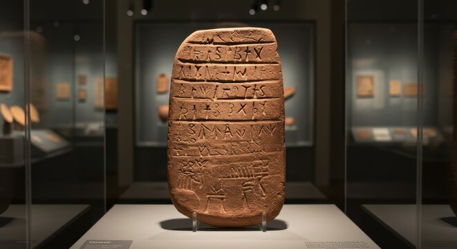 Ancient Mesopotamian clay tablet with cuneiform inscriptions in museum  