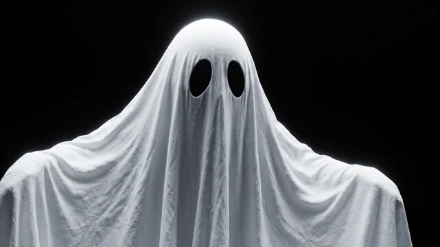 Classic White Sheet Ghost Floating Spookily Against Black Background. 4K Video