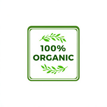 100 Percent Organic Label Icon with Green Leaves Design for Natural Food Product Packaging