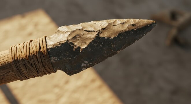 Stone spearhead with wooden handle on sandy ground