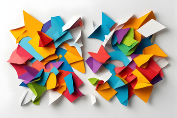 Obraz premium Abstract Geometric Paper Art Composition with Vibrant Multicolored Layers and Dynamic Floating Shapes on a Minimalist White Background