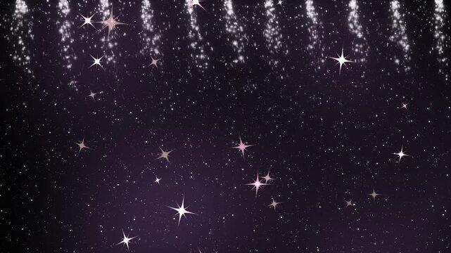 Glowing starlight particles and glittering crystal sparkles fall against a dark violet night sky background.