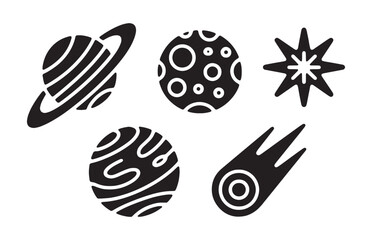 Cosmic silhouette saturn, cratered moon, striped planet, abstract star, and comet icons. © Akibuzzaman