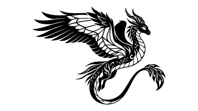 Majestic Winged Dragon Tattoo Design, Mythical Creature Silhouette