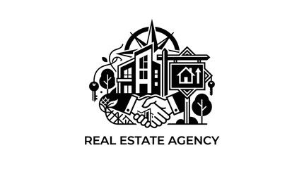 Obraz premium Real Estate Agency Logo With House, Handshake, Keys, Compass, and Trees
