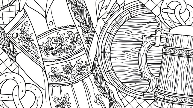 Traditional bavarian dress and beer barrel line art coloring page