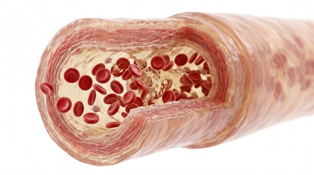 Human artery cross section model showing red blood cell circulation for medical education healthcare research and cardiovascular disease