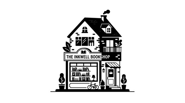Charming Inkwell Bookshop Building Facade with Bicycle and Plants