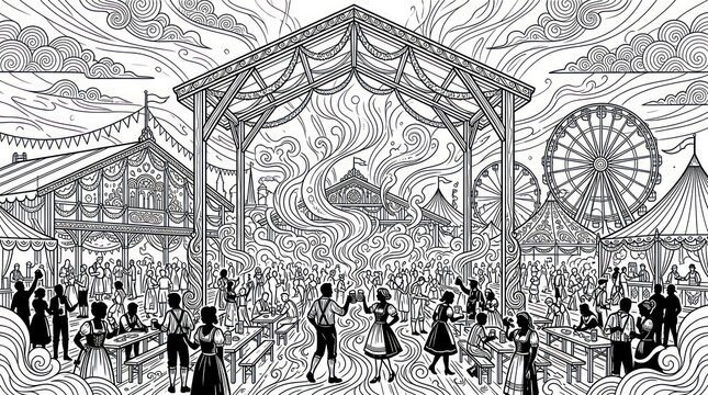 Crowds celebrate at a traditional german beer festival coloring page