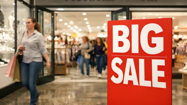 A rapid shot of shoppers rushing toward a sale outside a store, behind glass. The Big Sale sign draws crowds; vibrant scene captures retail energy, anticipation, and the rush of bargain hunting in a h