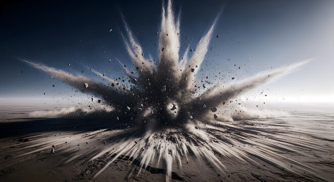 Massive ground explosion on barren landscape, debris and dust scattering dramatically under sky.